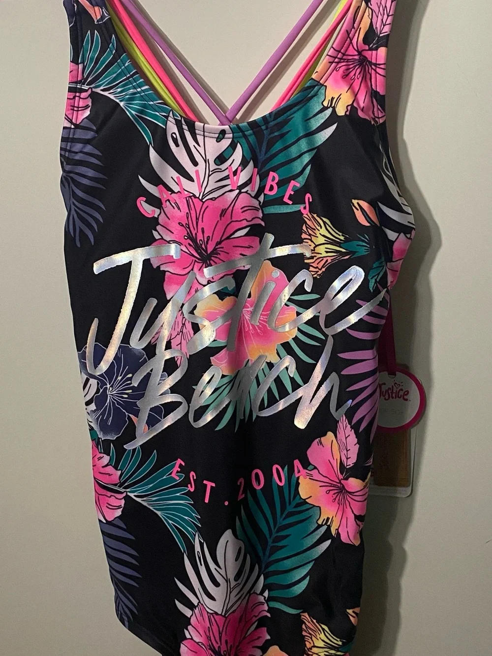 Justice Black One-Piece Swimsuit with Pink, Teal & Yellow Tropical Print NWT